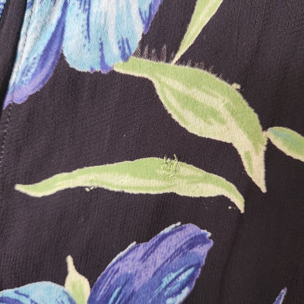 Vintage 90s Black Floral Midi Dress Crinkle Fairy Grunge Blue Lola P Medium - Picture 7 of 16